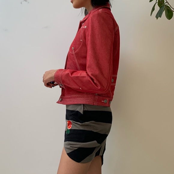 (SOLD) BCBG Maxazria Red Denim Jacket with White Contrast Stitching - Picture 3 of 6